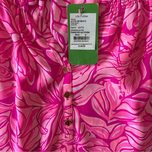 Lilly Pulitzer Elsa Top Pink Pawsitive Cattitude Floral Cats 100% Silk Blouse S - Picture 4 of 11